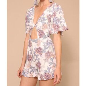 Minkpink Mysterious Playsuit Romper Floral Cutout Blue Orange M Bohemian Casual